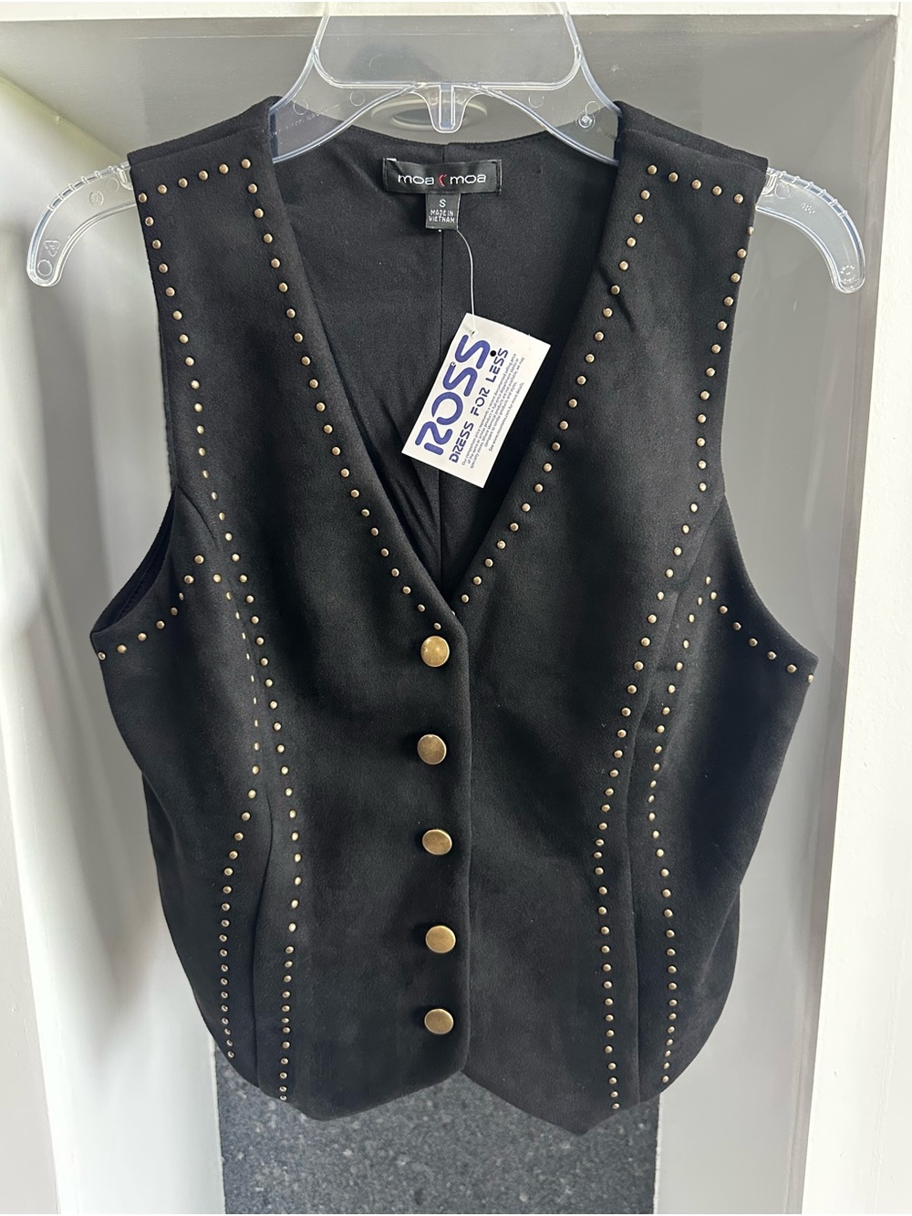 Moa Moa Black Studded Button-Front Vest with Brass Accents